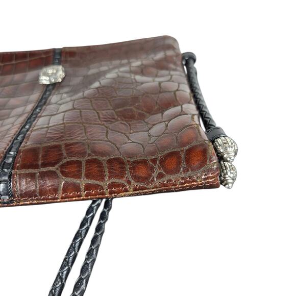 VTG Brighton Organizer Crossbody Bag Brown Croc Embossed Braided Strap Silver - Picture 11 of 11